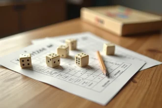 Feuille de score Yam et Yahtzee posée sur une table en bois avec cinq dés et un crayon