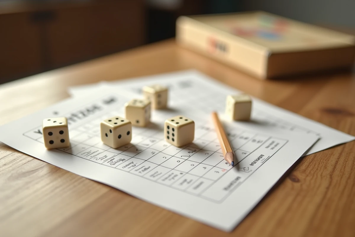 Feuille de score Yam et Yahtzee posée sur une table en bois avec cinq dés et un crayon
