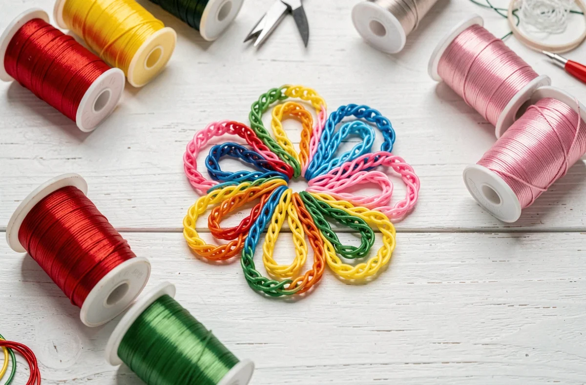 Fils scoubidou colorés disposés en forme de fleur sur une table de travail artisanale, montrant différentes textures brillantes et mates