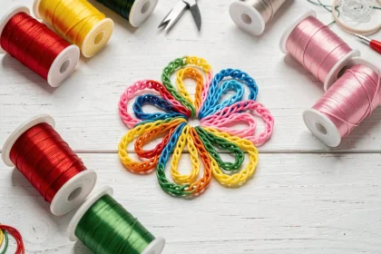 Fils scoubidou colorés disposés en forme de fleur sur une table de travail artisanale, montrant différentes textures brillantes et mates