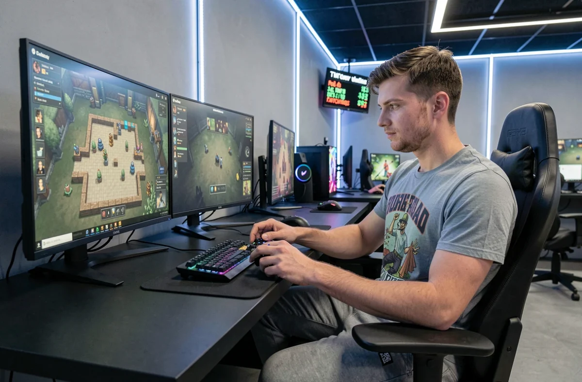 Joueur devant une station de jeu interactive dans la salle Gaming Place à Sarrebourg