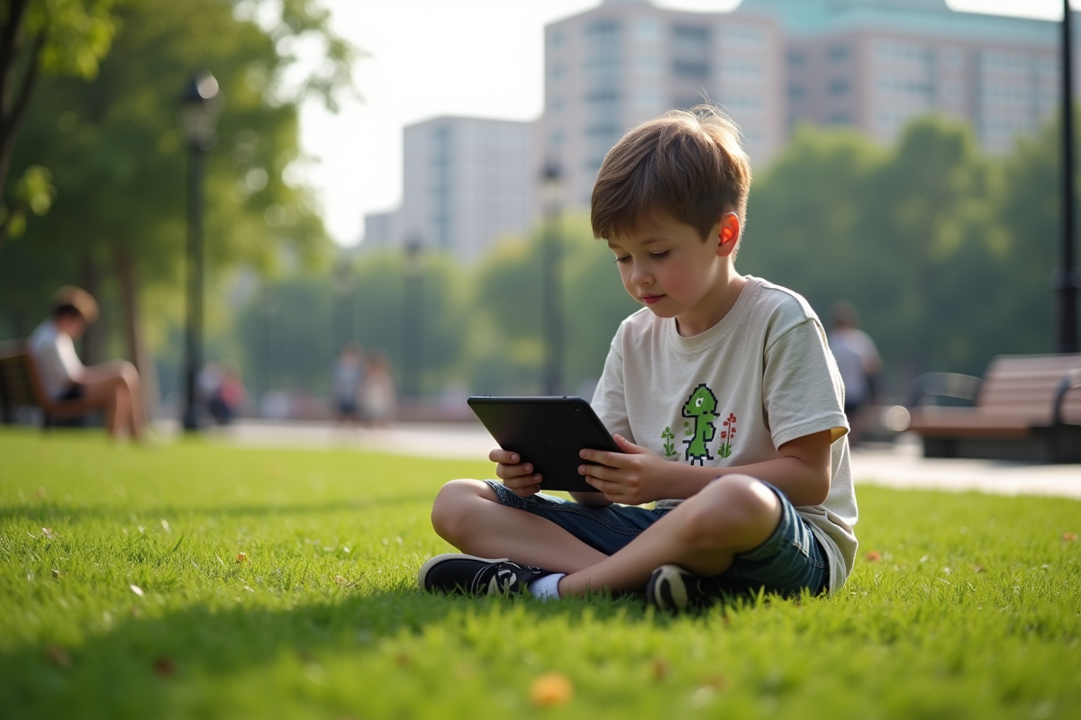 Garçon jouant à Dofus sur tablette dans un parc urbain