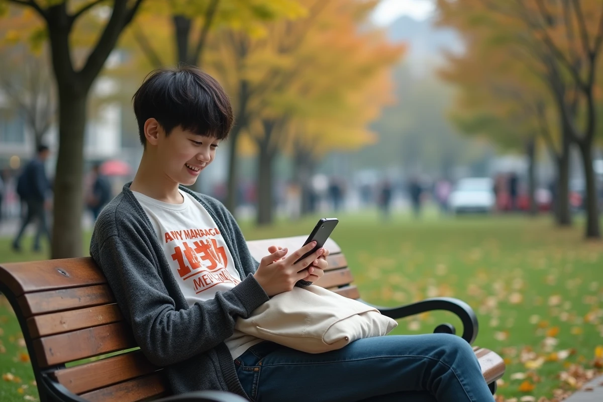 Adolescent souriant lisant manga yaoi dans un parc urbain