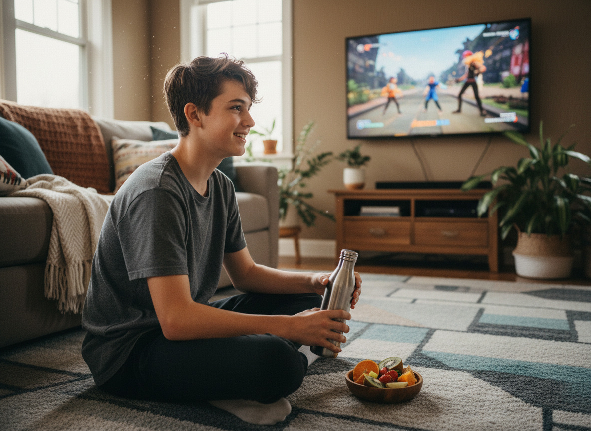 Adolescent souriant regardant la télévision avec ses amis