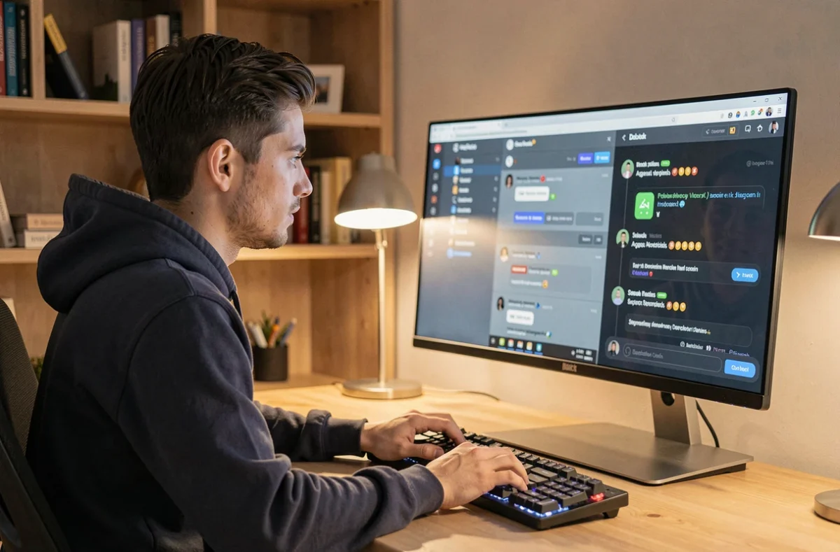 Jeune homme adulte gérant un serveur Discord avec restrictions d'âge sur son ordinateur de bureau
