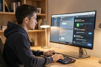 Jeune homme adulte gérant un serveur Discord avec restrictions d'âge sur son ordinateur de bureau