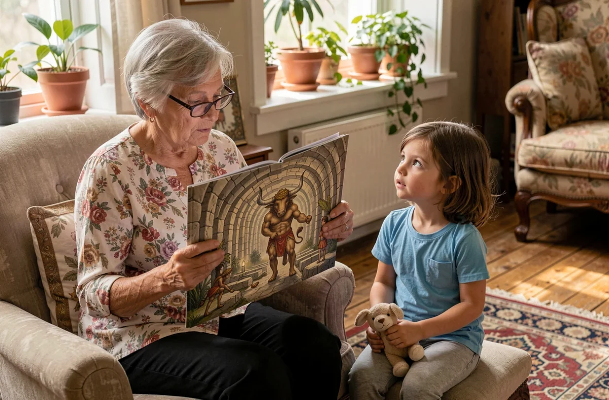 Une grand-mère lit une encyclopédie illustrée sur le Minotaure à sa petite-fille émerveillée dans un salon familial chaleureux