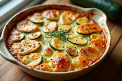 Gratin de courgette et pomme de terre doré sur un plat