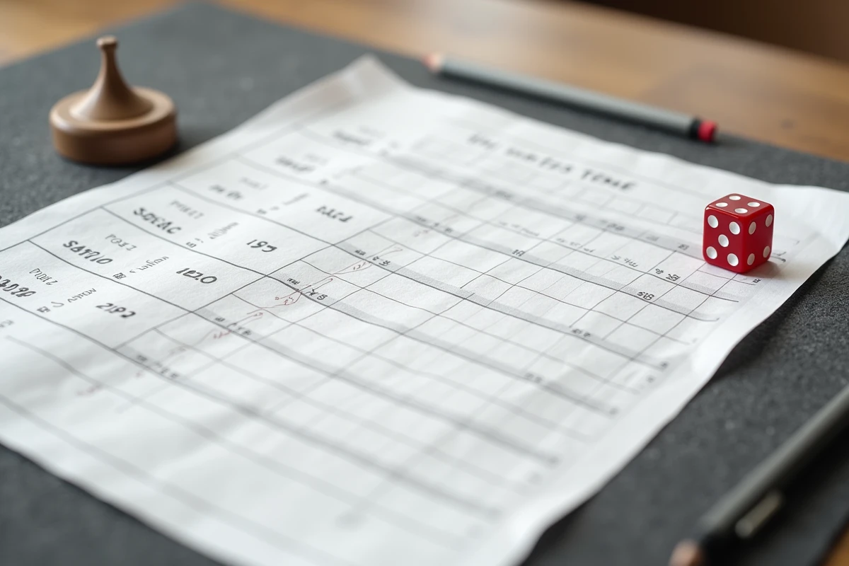Gros plan sur une feuille de score Yam Yahtzee remplie au crayon avec un dé rouge