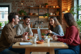Groupe d'amis partageant un repas dans un appartement chaleureux