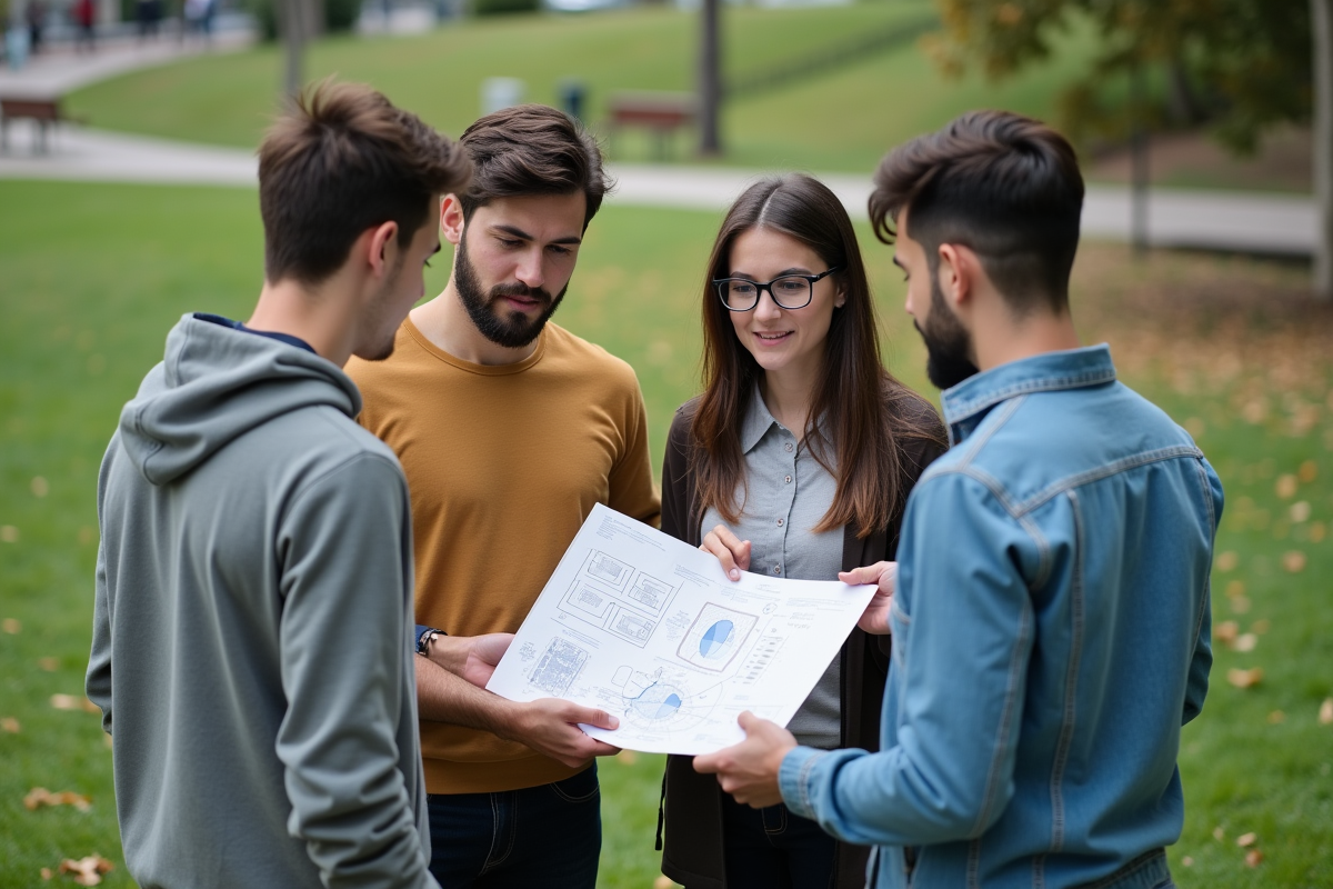 Groupe de jeunes discutant dans un parc urbain