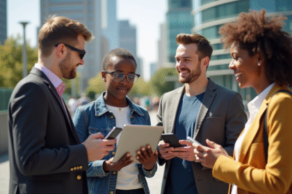 Groupe divers en ville utilisant des appareils numériques en plein air