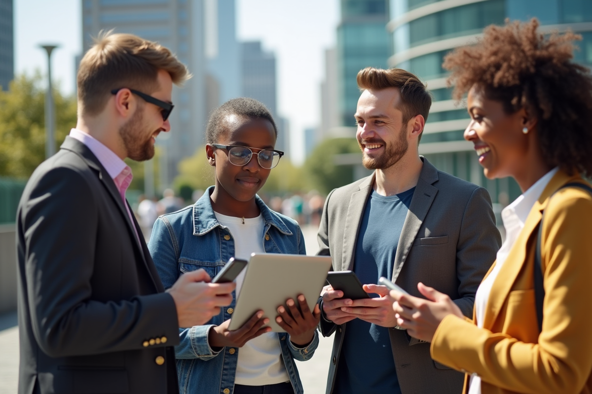 Groupe divers en ville utilisant des appareils numériques en plein air