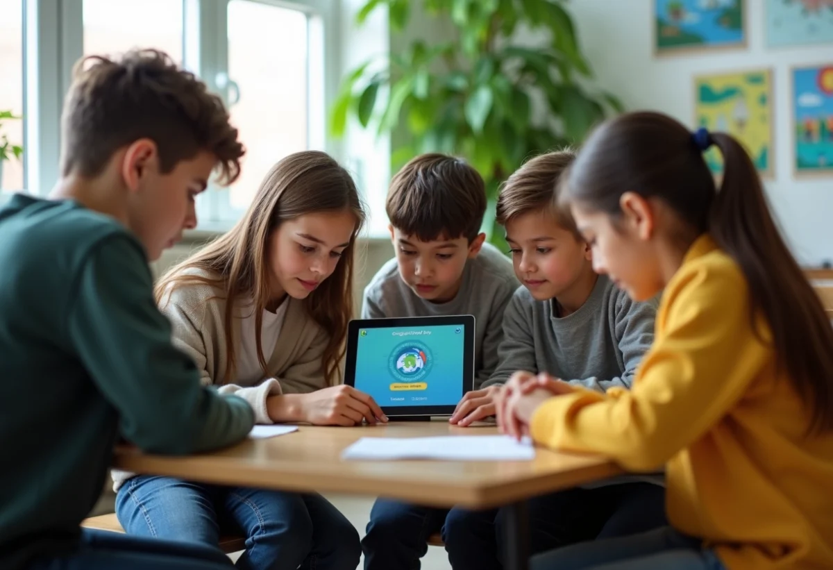 Groupe d'élèves de collège autour d'une tablette en classe