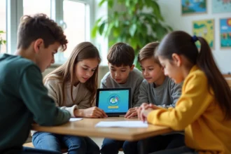 Groupe d'élèves de collège autour d'une tablette en classe