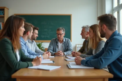 Groupe d'étudiants adultes en discussion dans une salle moderne