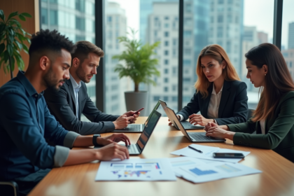 Groupe de professionnels collaborant autour de table numérique