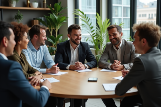 Groupe divers de professionnels en réunion au bureau