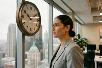 Femme en blazer gris regardant une horloge murale dans un bureau moderne de Manhattan avec vue sur les gratte-ciels de New York
