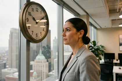 Femme en blazer gris regardant une horloge murale dans un bureau moderne de Manhattan avec vue sur les gratte-ciels de New York