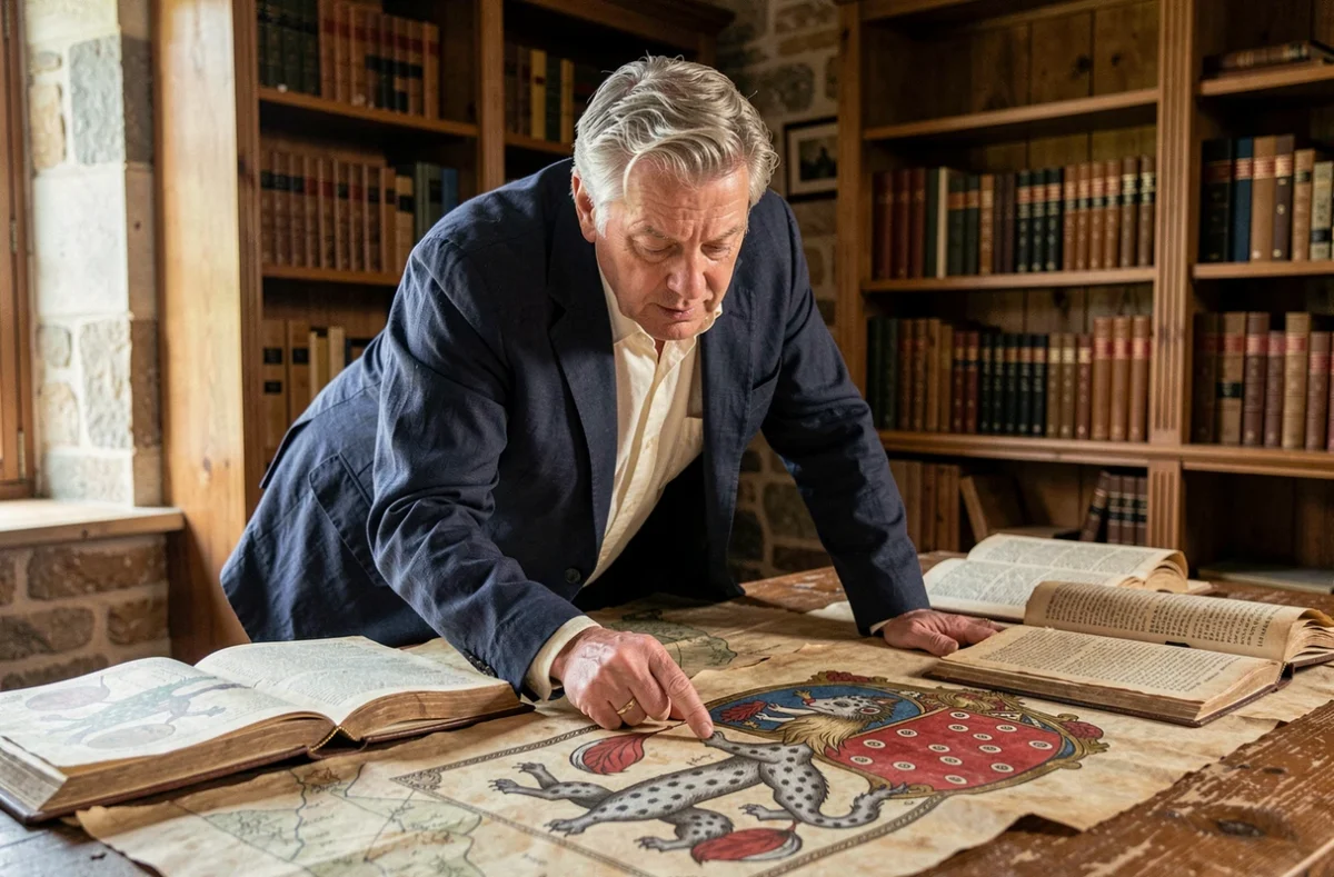Historien breton examinant des manuscrits médiévaux avec des motifs d'hermines dans une salle d'archives en pierre