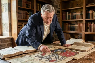 Historien breton examinant des manuscrits médiévaux avec des motifs d'hermines dans une salle d'archives en pierre