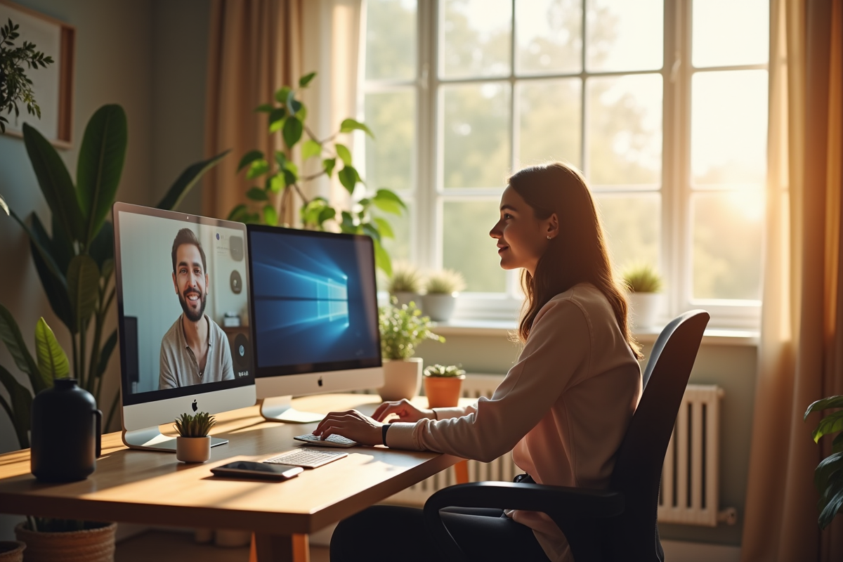Personne en visioconference dans un bureau lumineux et calme