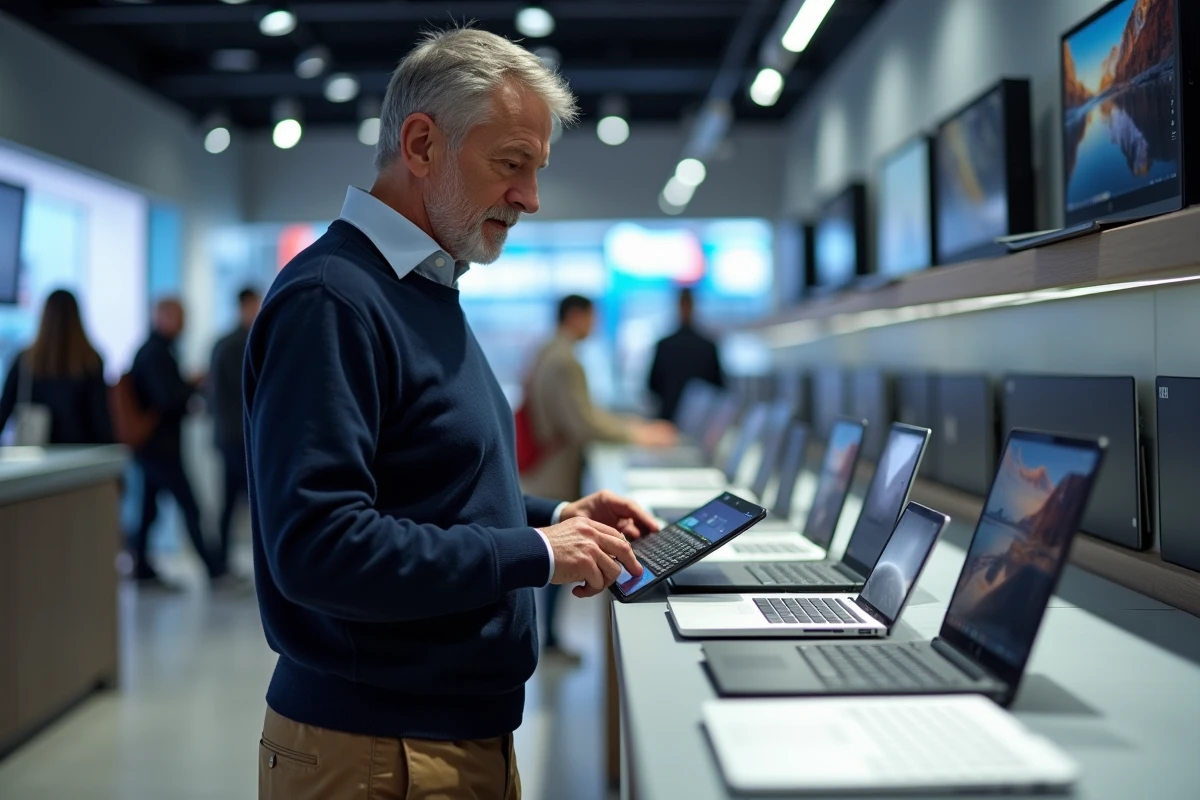 Homme en magasin examine un ordinateur portable avec curiosite