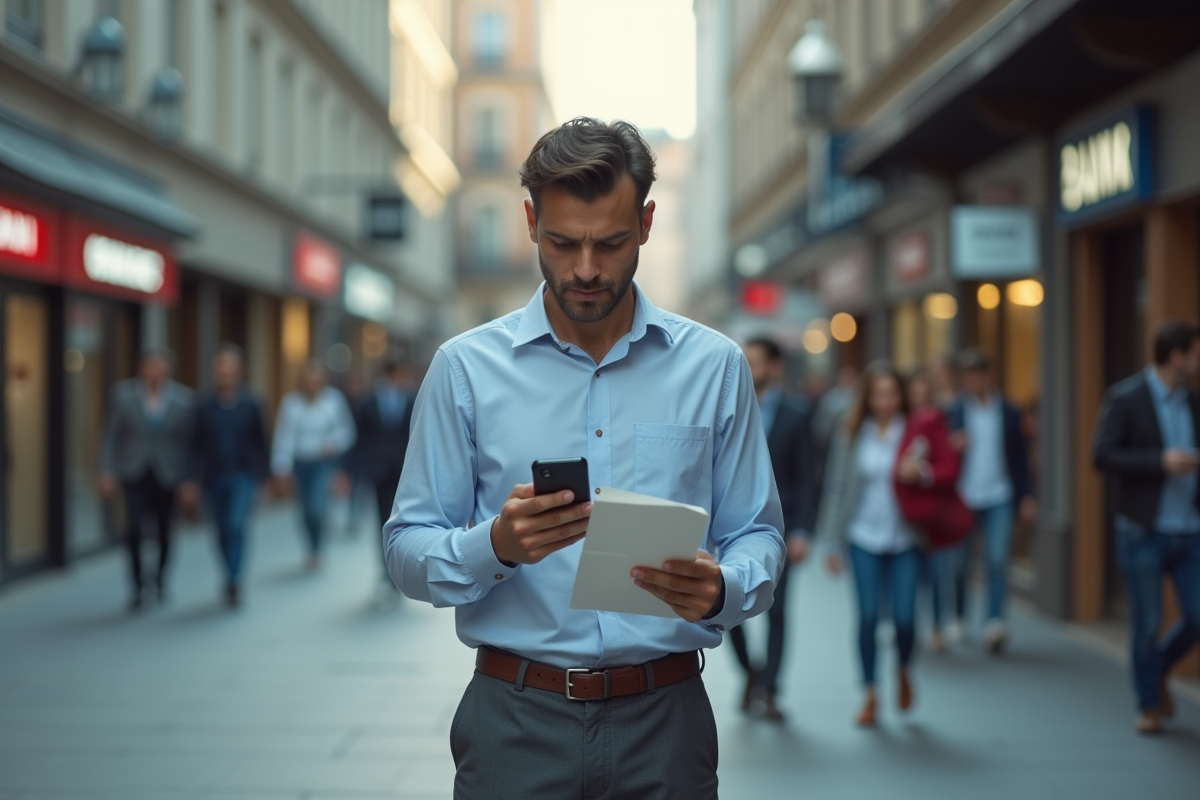 Jeune homme anxieux regardant son smartphone dans la rue