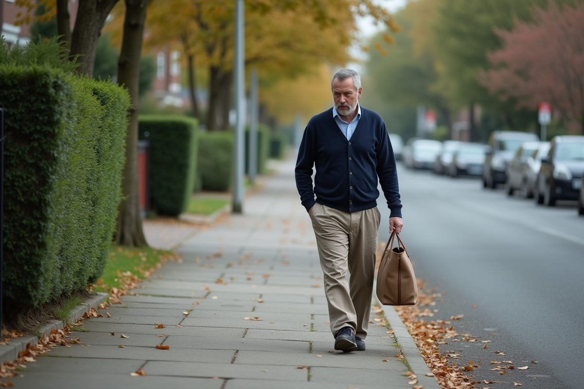 Homme seul marchant dans une rue tranquille un dimanche
