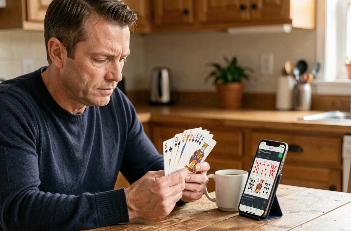 Homme jouant à la belote coinchée sur smartphone avec des cartes à jouer physiques sur une table en bois