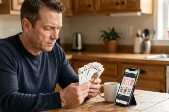 Homme jouant à la belote coinchée sur smartphone avec des cartes à jouer physiques sur une table en bois