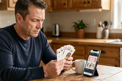 Homme jouant à la belote coinchée sur smartphone avec des cartes à jouer physiques sur une table en bois