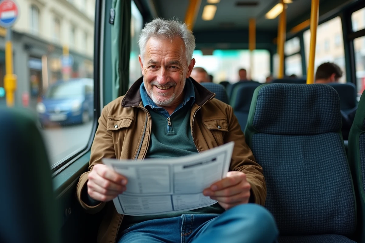 Homme dans un bus à Lyon regardant un planning de bus