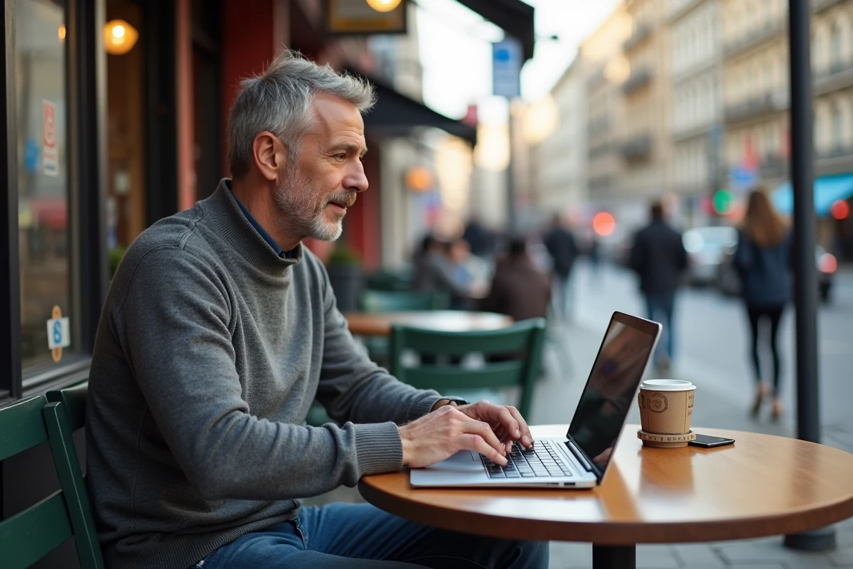 Homme au café en extérieur travaillant sur son ordinateur portable