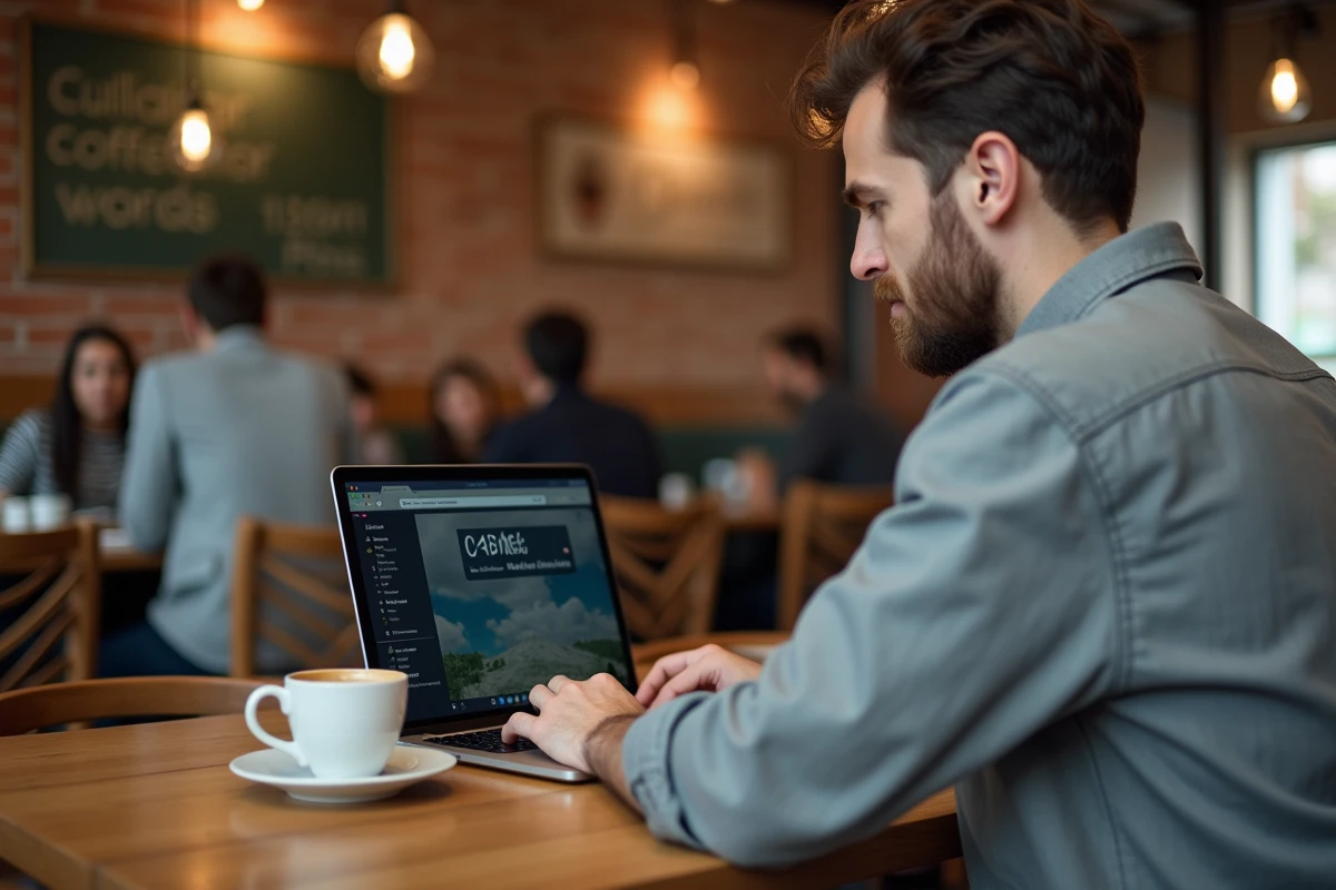 Homme en télétravail dans un café consultant le fuseau horaire de Madagascar sur son ordinateur portable
