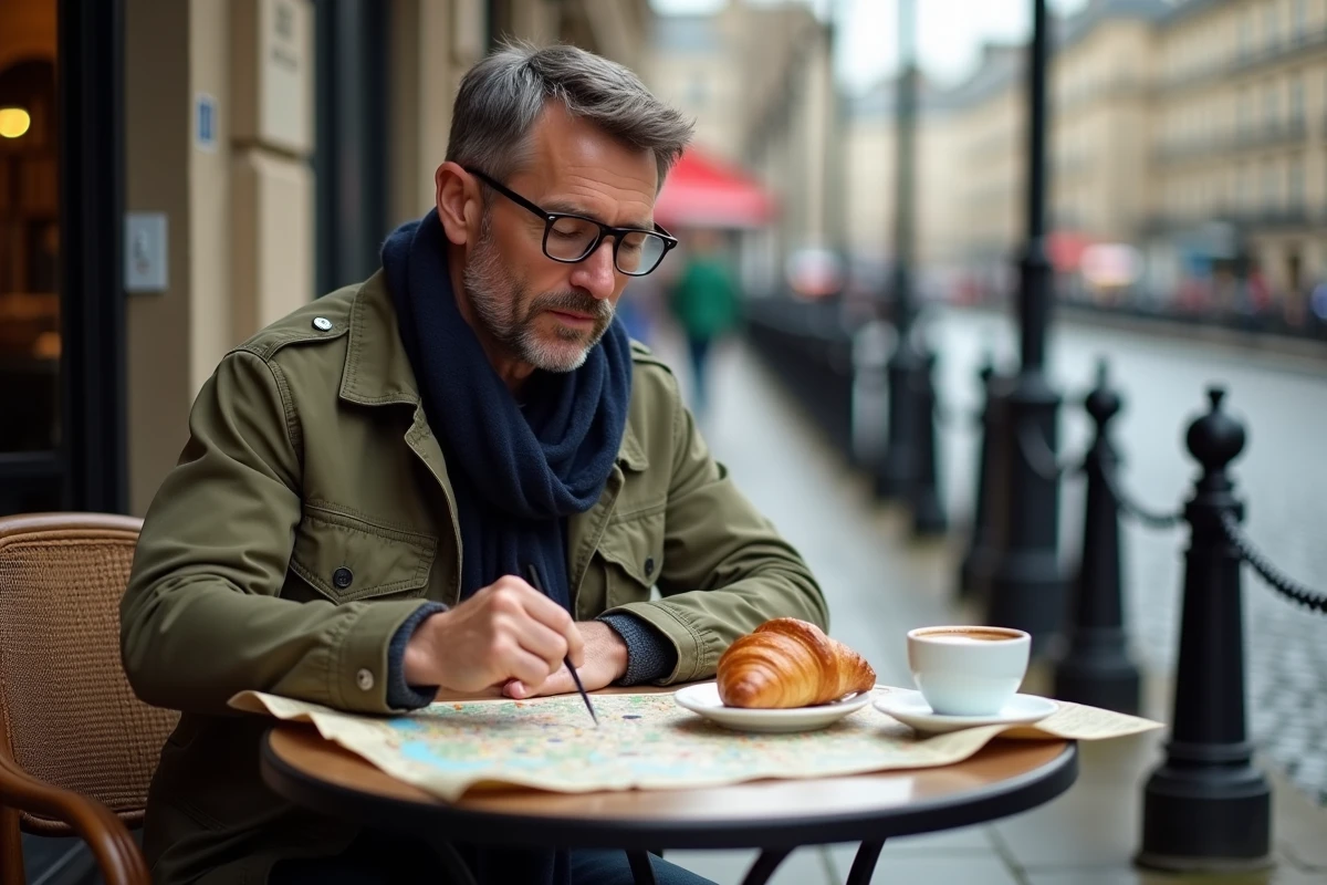 Homme en terrasse de café parisien planifiant son itinéraire avec une carte des arrondissements de Paris