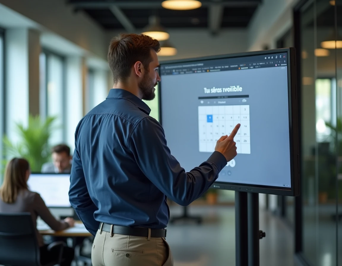 Homme consultant un calendrier numérique en bureau open space affichant une phrase au futur simple en français, dans un environnement professionnel moderne