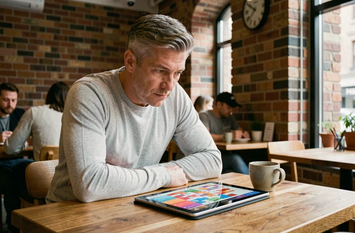 Homme résolvant le mot du jour Codycross sur une tablette dans un café