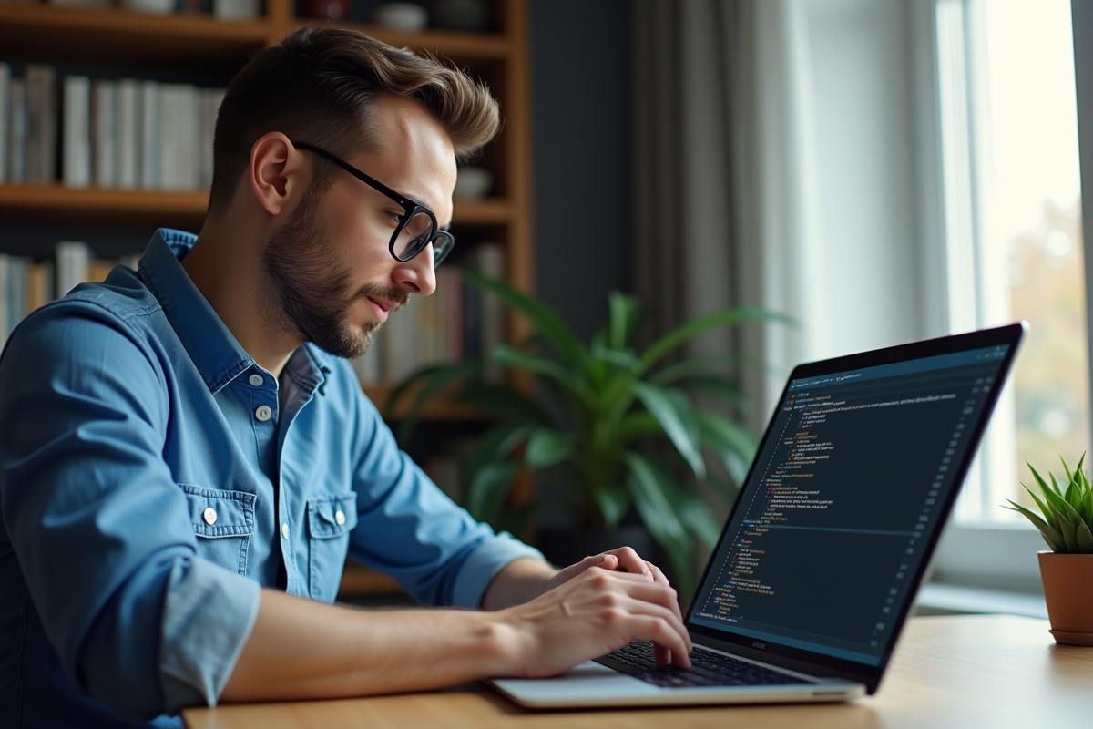 Homme en tenue décontractée configure VPN sur ordinateur au bureau