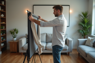Homme installant un ecran de projection dans un salon moderne
