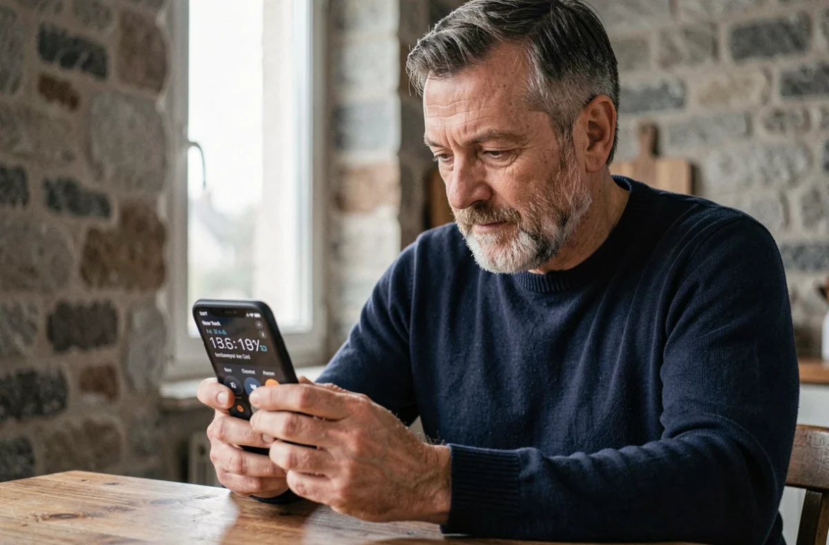 Homme parisien d'une cinquantaine d'années consultant l'heure de New York sur une application d'horloge mondiale depuis son appartement à Paris
