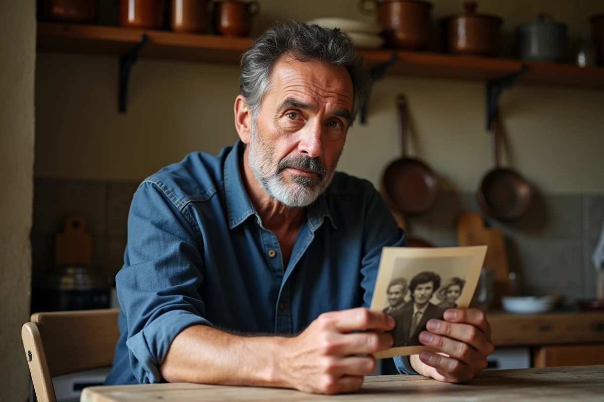 Homme d'âge moyen tenant une vieille photographie de famille en noir et blanc dans une cuisine française traditionnelle, évoquant les souvenirs d'enfance