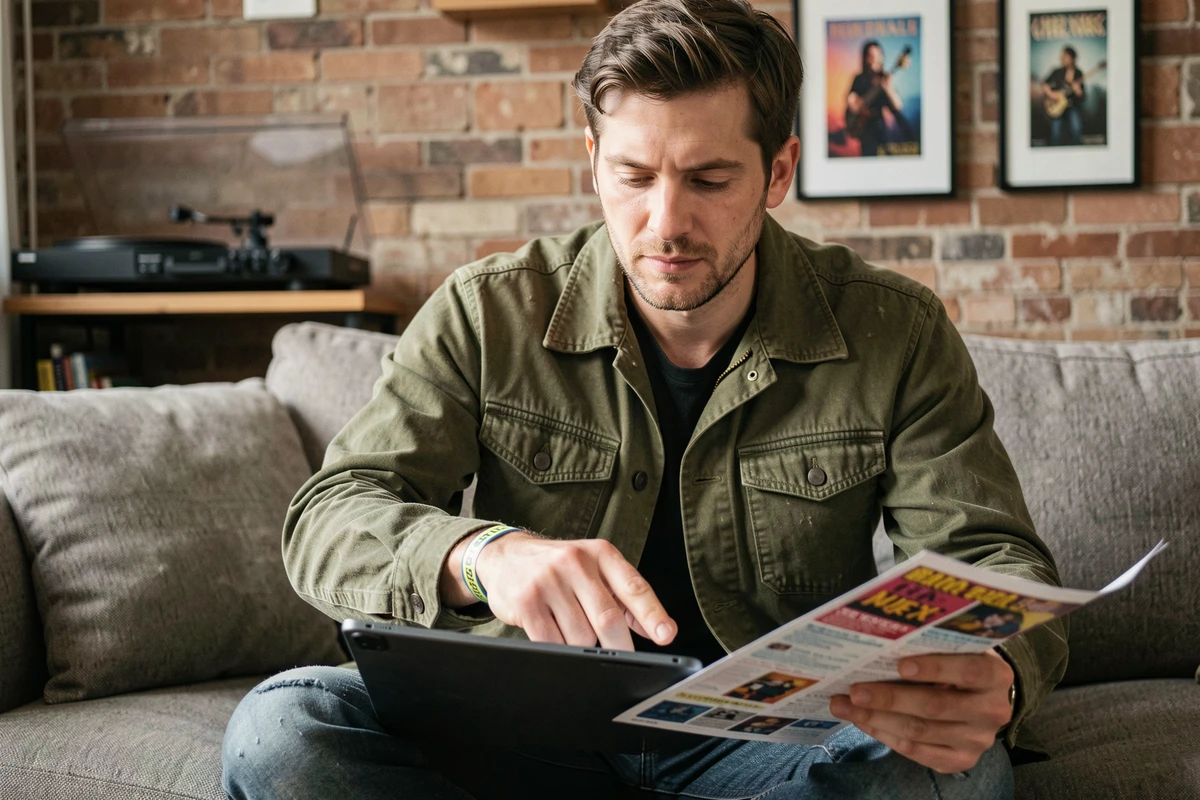 Homme préparant l'achat de ses places pour les Vieilles Charrues 2026 sur une tablette dans son salon