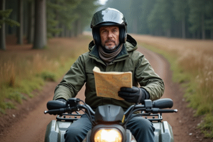Homme en quad dans la forêt vérifiant une carte