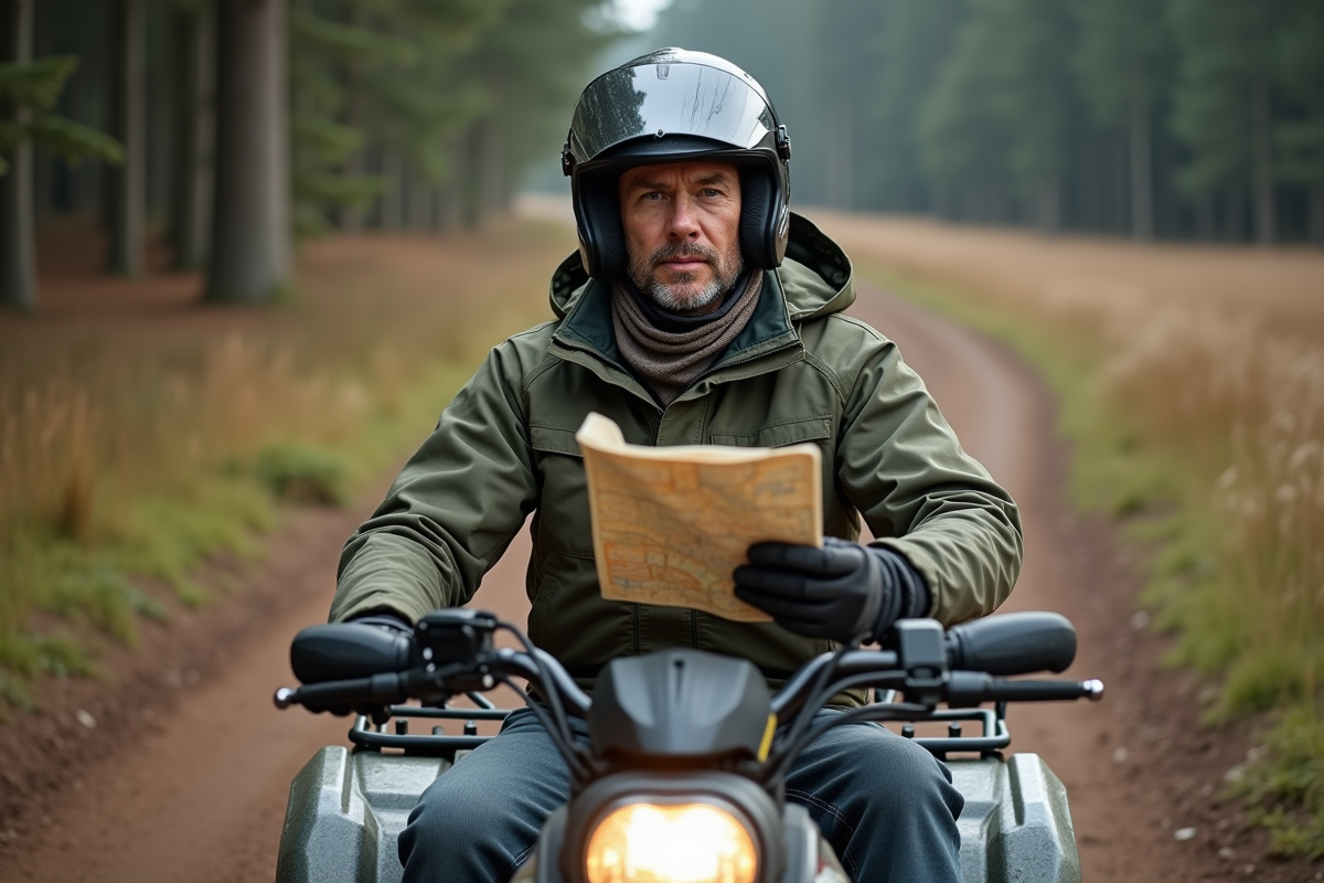 Homme en quad dans la forêt vérifiant une carte