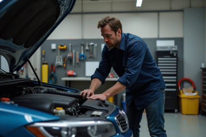 Homme en chemise de travail vérifiant la courroie de voiture
