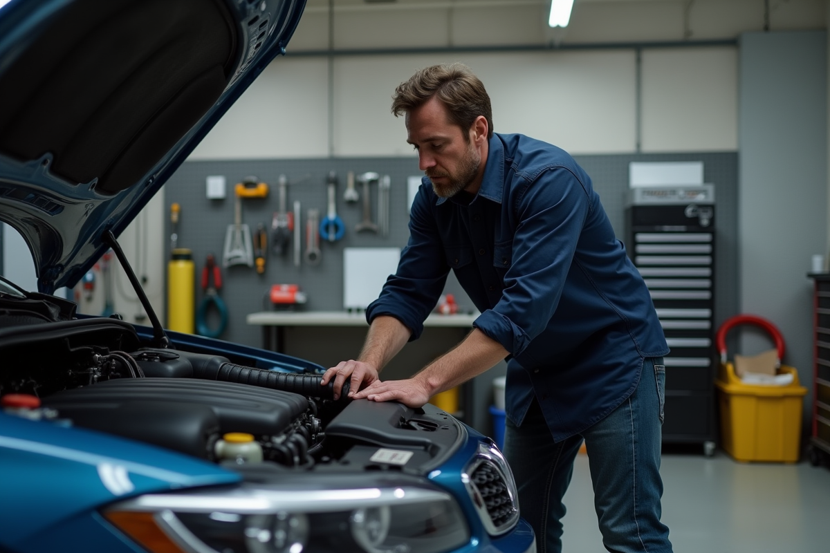 Homme en chemise de travail vérifiant la courroie de voiture
