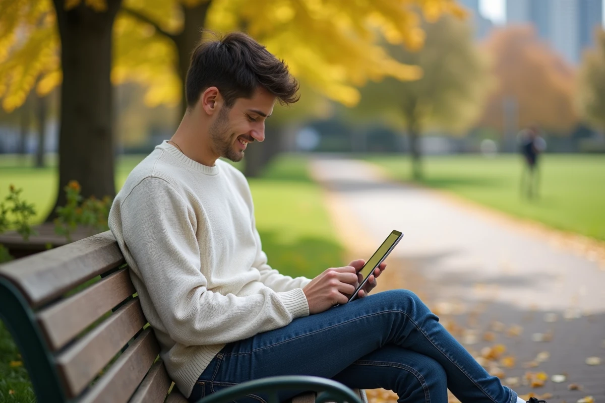 Jeune homme vérifiant ses résultats de test de personnalité en plein air