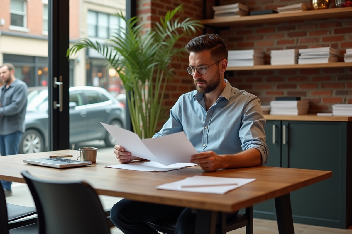 Homme d age moyen examinant des documents dans un espace de réunion